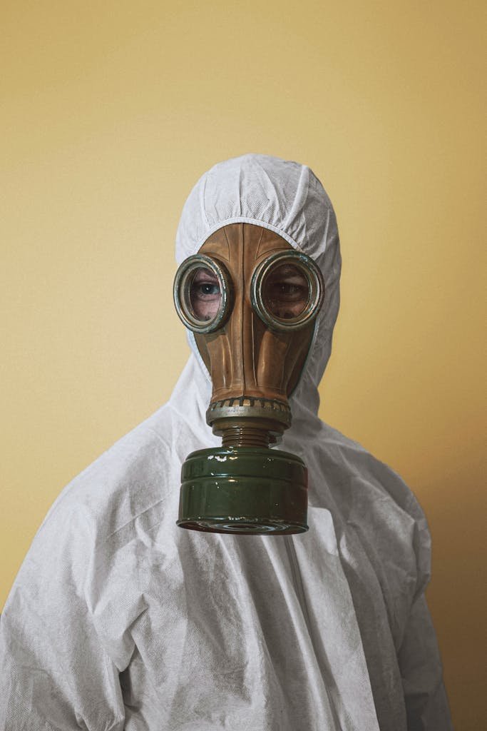 A person in a full protective suit with a gas mask against a yellow background.